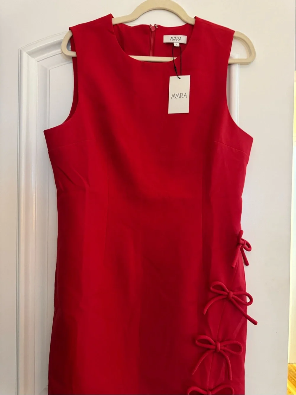 Women's Red Sleeveless Sheath Dress with Side Bow Detail